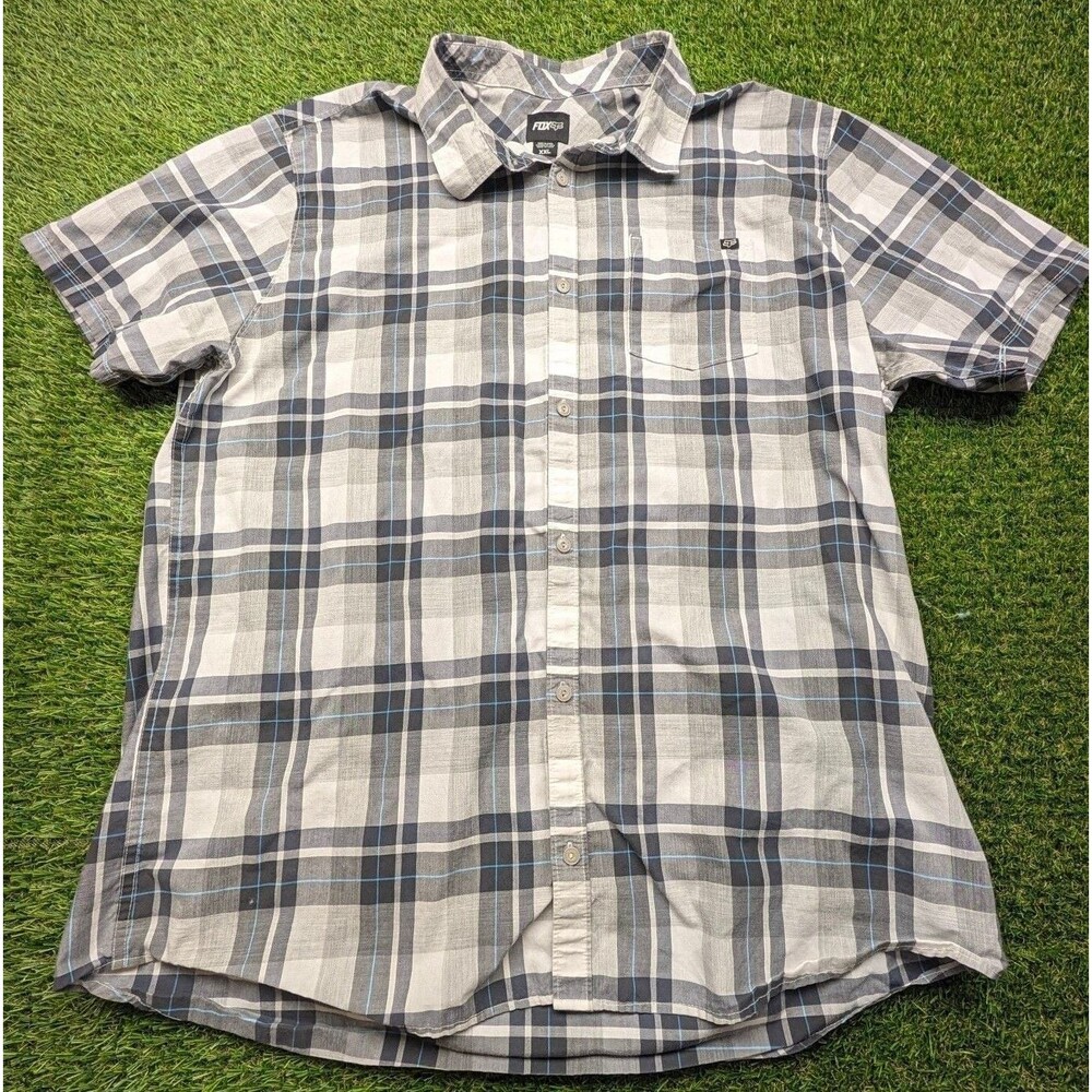 Fox Plaid Short Sleeve Button Up Shirt Size XXL Gray Blue